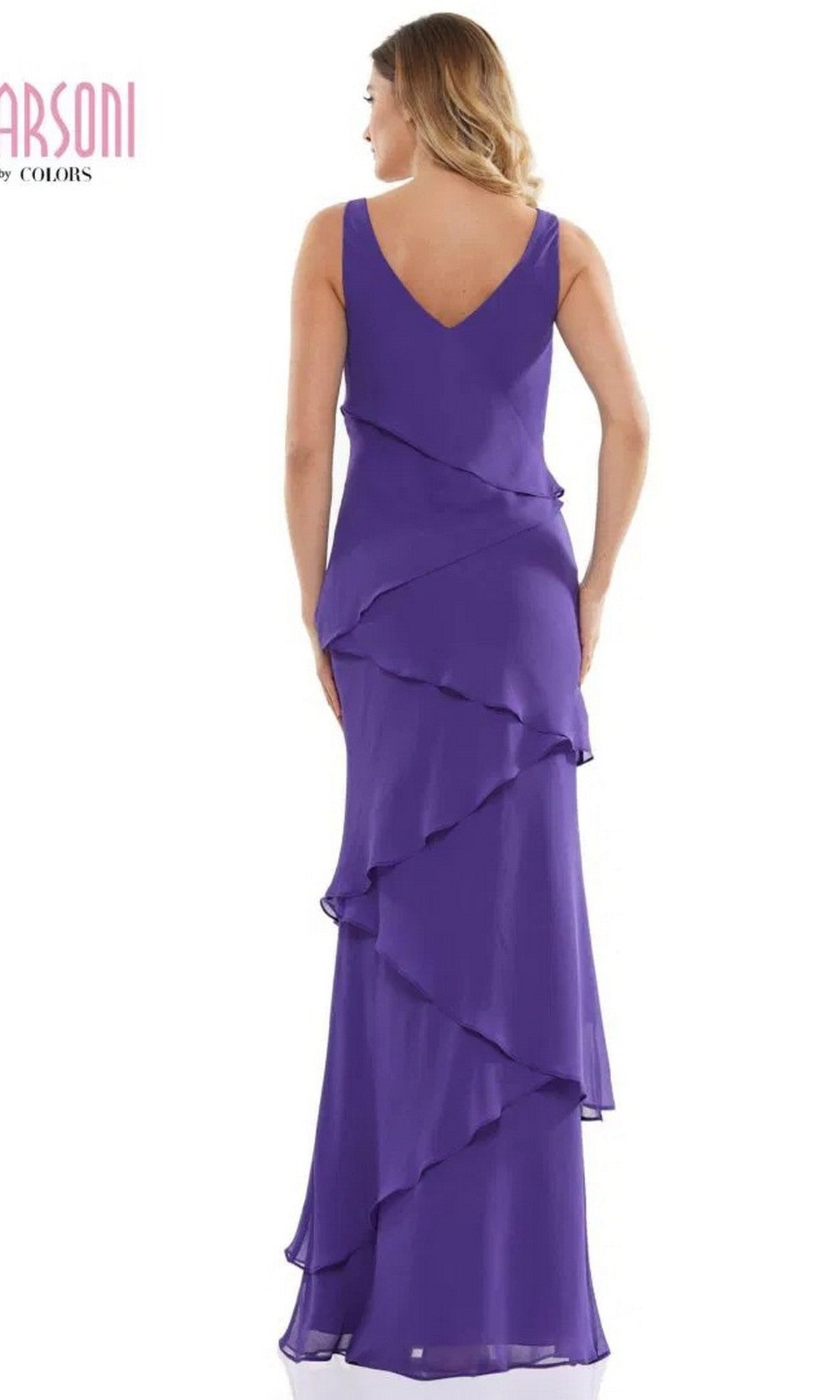 A woman shown from the back in a sleeveless, floor-length purple Marsoni M309 chiffon gown with layered ruffles—a stunning long formal dress perfect for a mother-of-the-bride look.